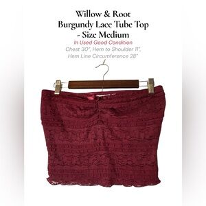 Willow & Root Burgundy Lace Crop Top – Elegant Lace Tube Top Size M
